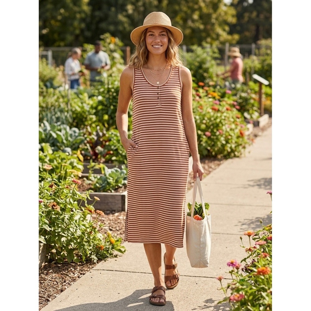Toad&Co Womens XL Piru Henley Midi Dress Rust Orange Striped Hemp Blend Pockets